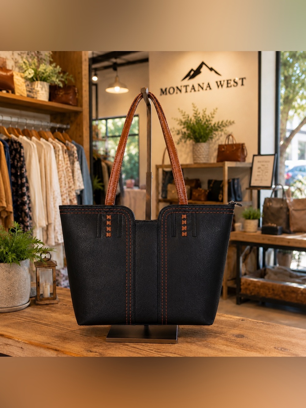 Montana West Black Tote Shoulder Bag Contrast Stitch Vegan Leather Zip Top